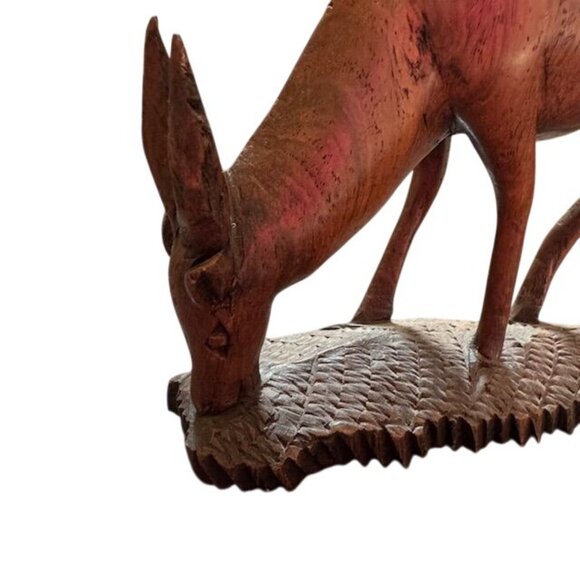 Hand-Carved Wooden Grazing Deer Figurine Sculpture - Picture 2 of 9